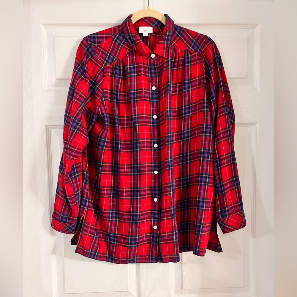 J Jill cotton‎ blend button down red holiday plaid soft shirt women’s medium